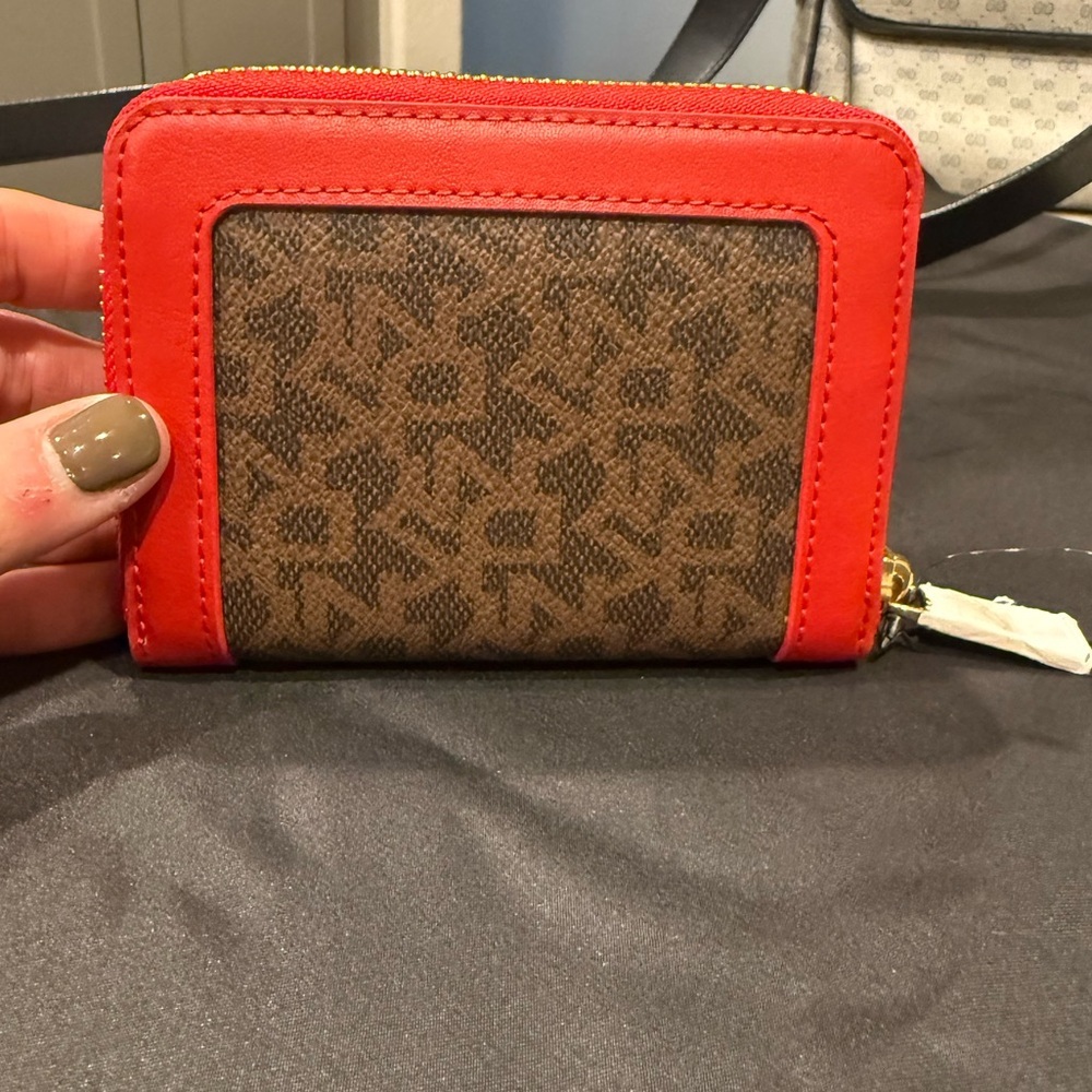DKNY Zip Around Red Classic Logo Leather Wallet
